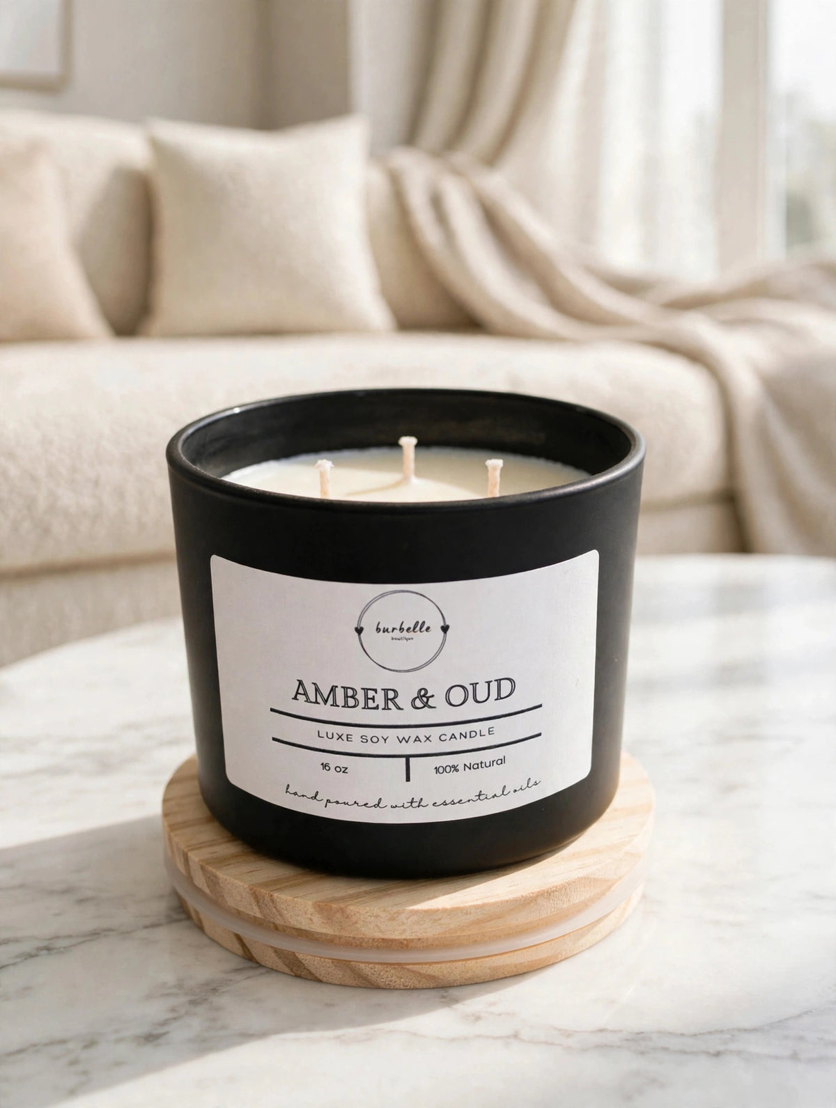 Amber & Oud Luxe 16oz three-wick soy wax candle with creamy white wax resting on its wooden lid, on marble in a bright living room. Clean non-toxic soy candle hand poured with essential oils, Burbelle Boutique.