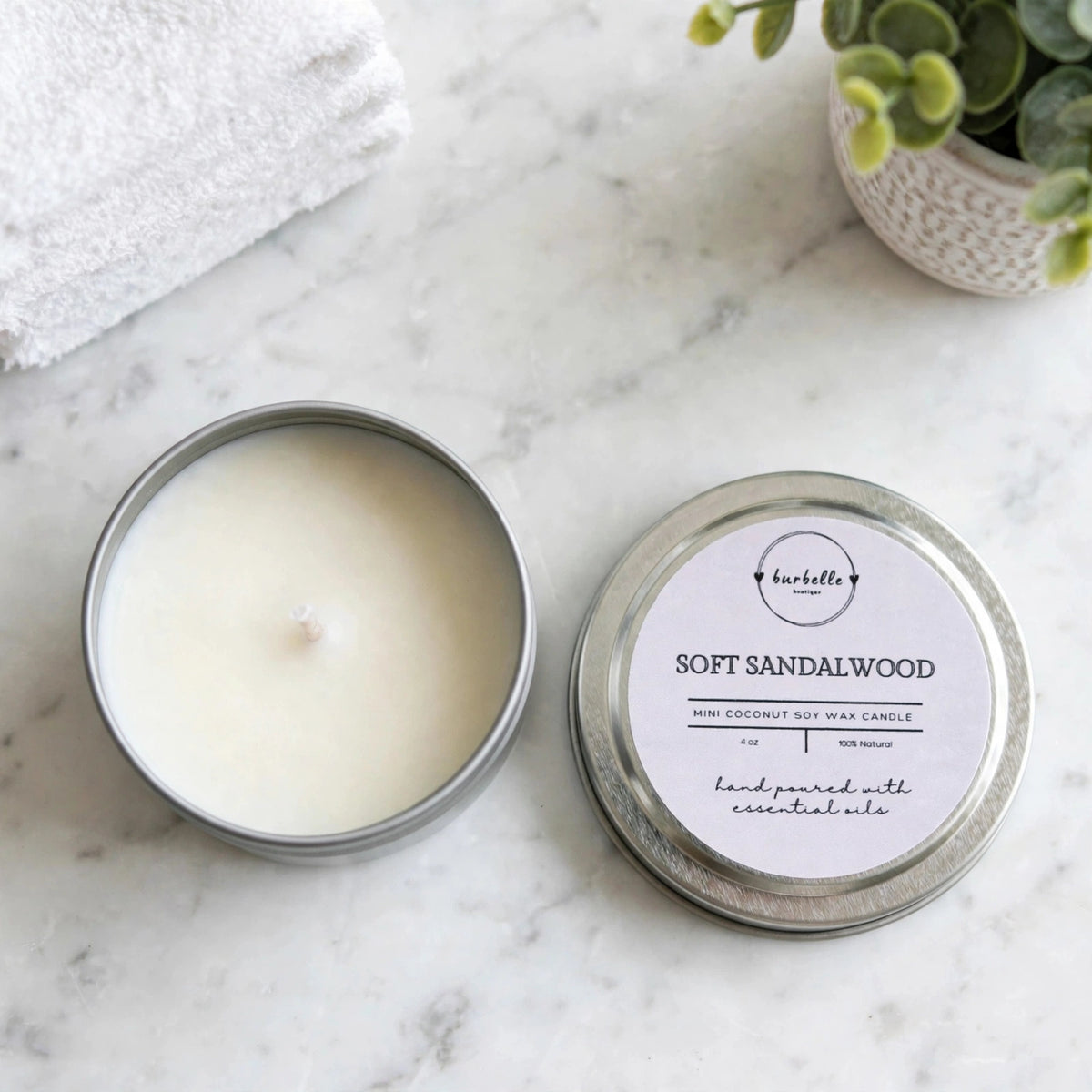 CLASSIC Soft Sandalwood mini coconut soy wax candle 4 oz silver tin open showing creamy white wax, overhead view
