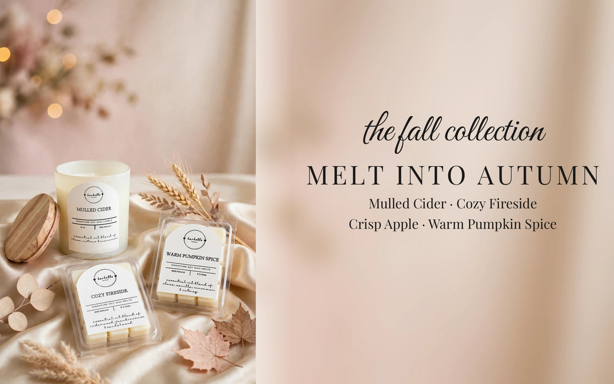 Burbelle Boutique fall collection – Mulled Cider candle with Cozy Fireside and Warm Pumpkin Spice soy wax melts