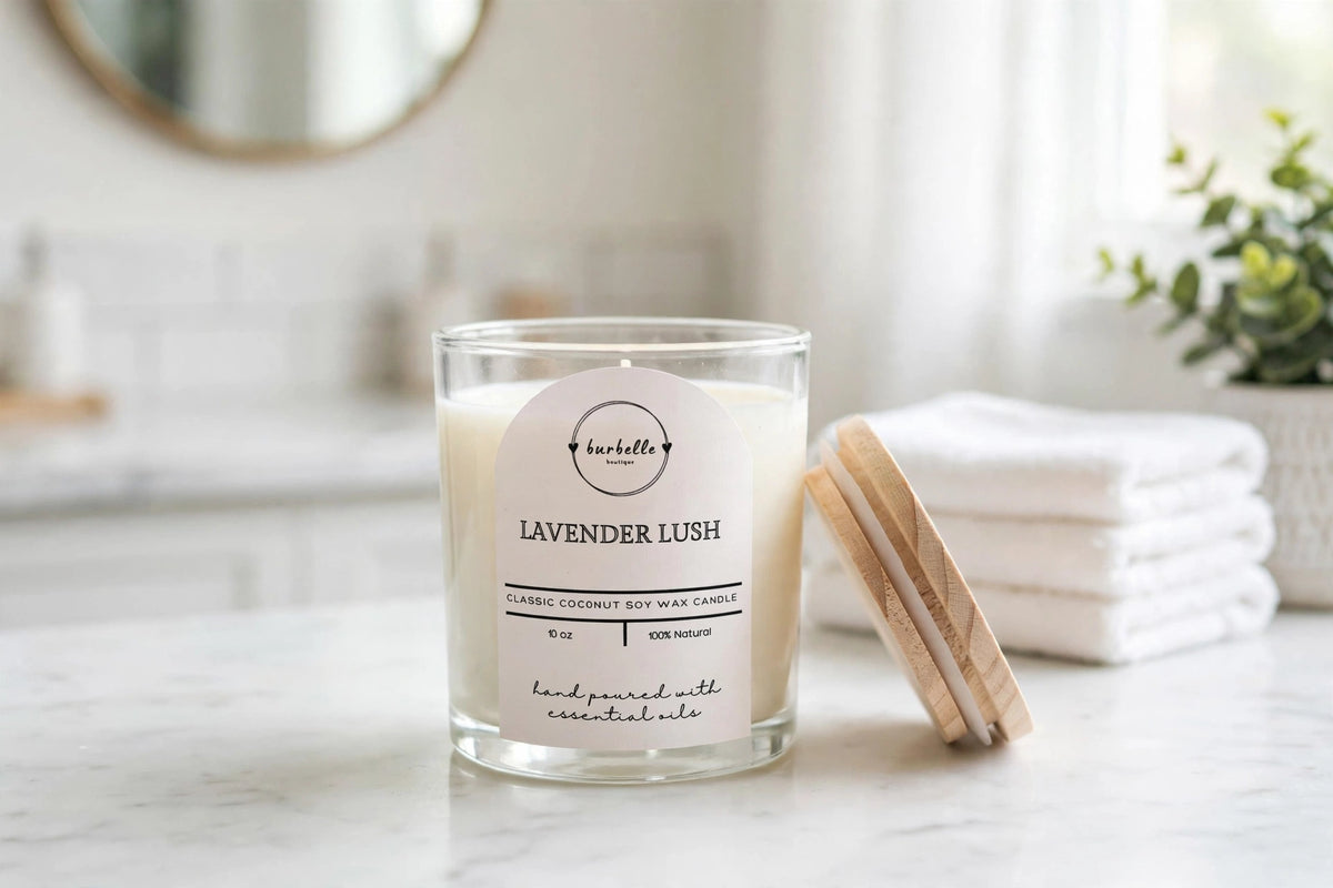 CLASSIC Lavender Lush coconut soy wax candle 10 oz clear glass jar with lid resting beside it on a bright marble bathroom vanity
