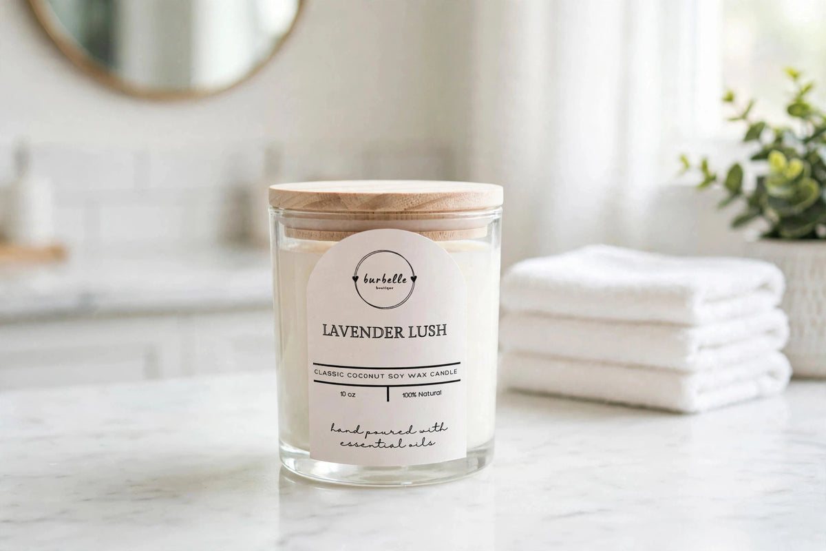 CLASSIC Lavender Lush coconut soy wax candle 10 oz clear glass jar with lid on, on a bright marble bathroom vanity