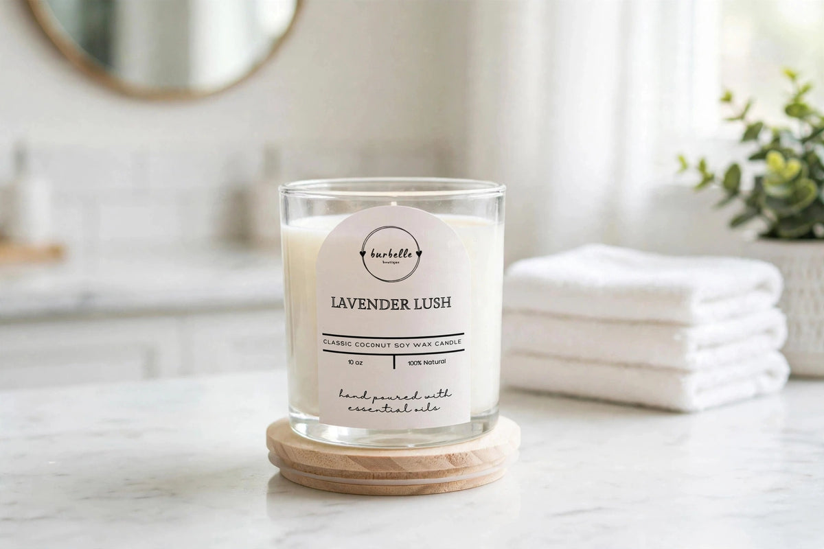CLASSIC Lavender Lush coconut soy wax candle 10 oz clear glass jar sitting on its lid on a bright marble bathroom vanity
