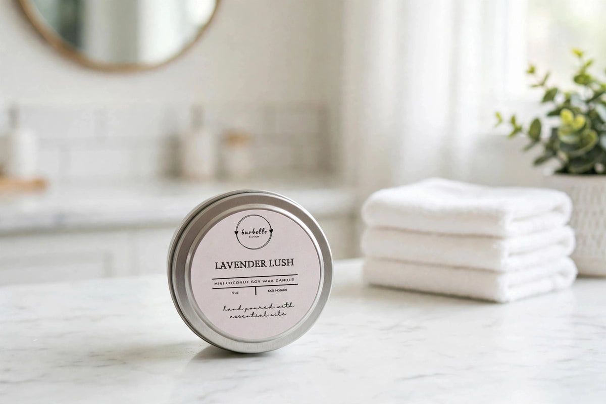 CLASSIC Lavender Lush mini coconut soy wax candle 4 oz silver tin with lid on