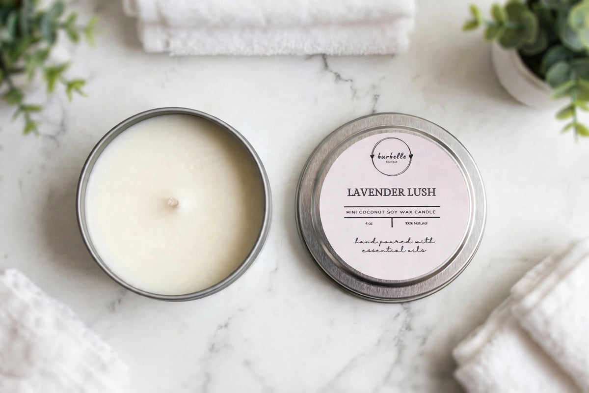 CLASSIC Lavender Lush mini coconut soy wax candle 4 oz silver tin open showing creamy white wax, overhead view