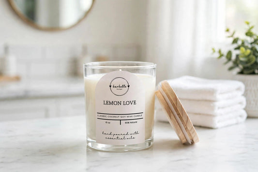 CLASSIC Lemon Love coconut soy wax candle 10 oz clear glass jar with lid resting beside it on a bright marble bathroom vanity