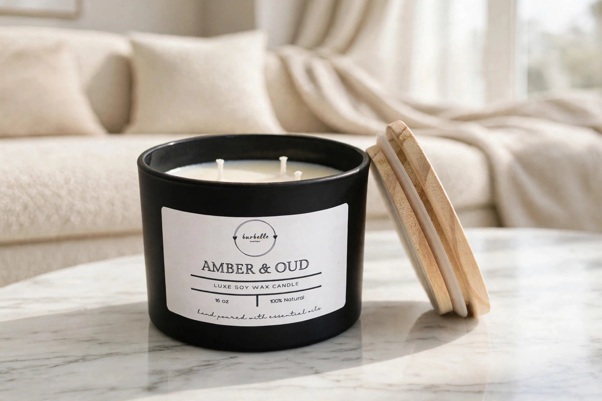 Amber & Oud Luxe 16oz three-wick soy wax candle in a black jar with the wooden lid leaning beside it, creamy white wax, on a marble coffee table in a bright living room. Clean non-toxic candle hand poured with 100% essential oils, Burbelle Boutique.