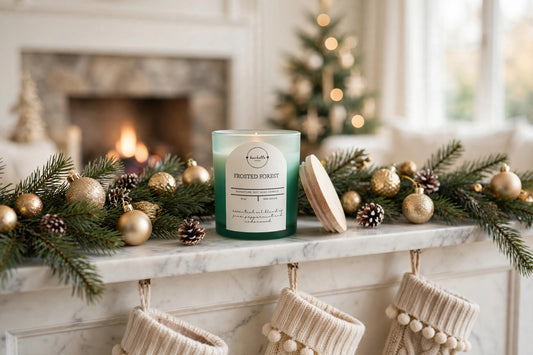 Burbelle Frosted Forest Soy Candle on a white marble holiday fireplace mantel — clean, non-toxic 10oz candle with pine, peppermint, and cedarwood essential oils, phthalate-free