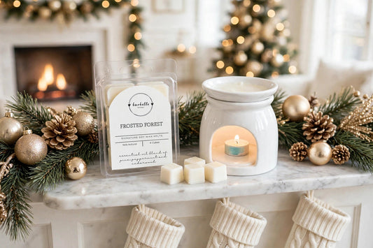 Burbelle Frosted Forest Soy Wax Melts with white ceramic wax warmer on a holiday mantel — clean non-toxic wax melts, pine peppermint cedarwood essential oils