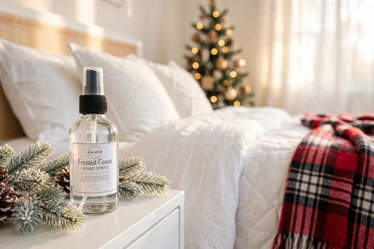 Burbelle Frosted Forest Home Spritz bottle on a white nightstand in a holiday bedroom — clean, non-toxic room and linen spray with pine, cedarwood, and peppermint essential oils, phthalate-free