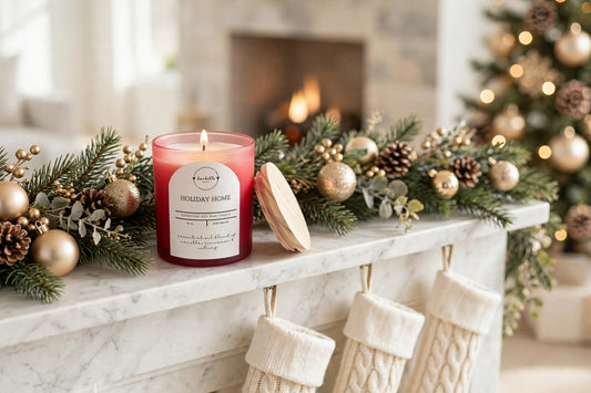 Burbelle Holiday Home Soy Candle lit on a white marble holiday fireplace mantel — clean, non-toxic 10oz candle with vanilla, cinnamon, and nutmeg essential oils, phthalate-free