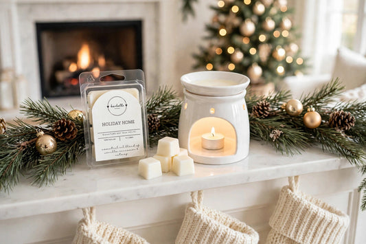 Burbelle Holiday Home Soy Wax Melts with white ceramic wax warmer on a holiday mantel — clean non-toxic wax melts, vanilla cinnamon nutmeg essential oils