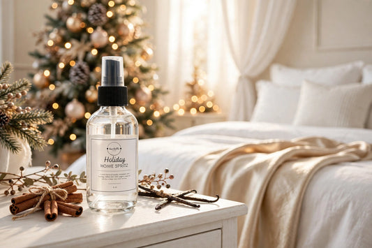 Burbelle Holiday Home Spritz bottle on a white nightstand in a holiday bedroom — clean, non-toxic room and linen spray with vanilla, cinnamon, and nutmeg essential oils, phthalate-free