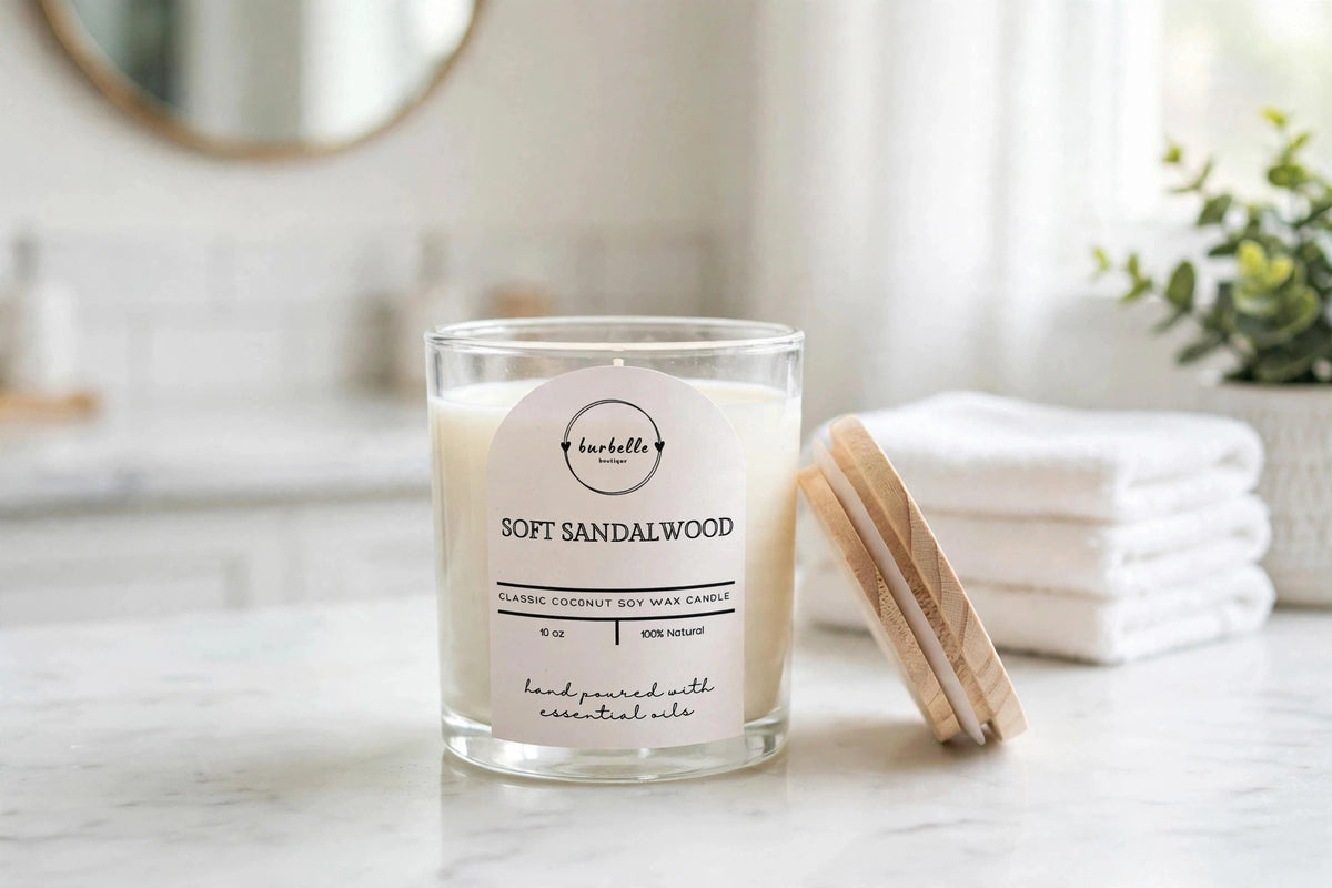 CLASSIC Soft Sandalwood coconut soy wax candle 10 oz clear glass jar with lid resting beside it on a bright marble bathroom vanity