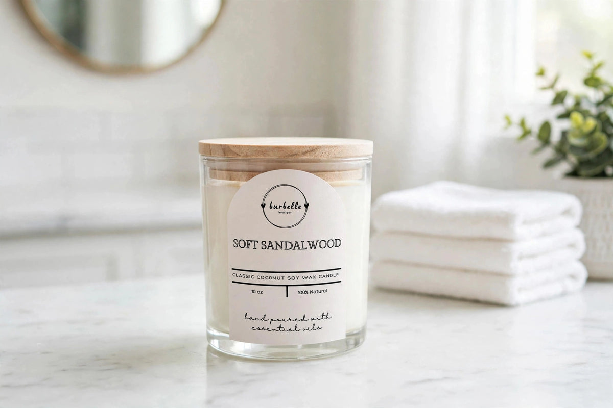 CLASSIC Soft Sandalwood coconut soy wax candle 10 oz clear glass jar with lid on, on a bright marble bathroom vanity