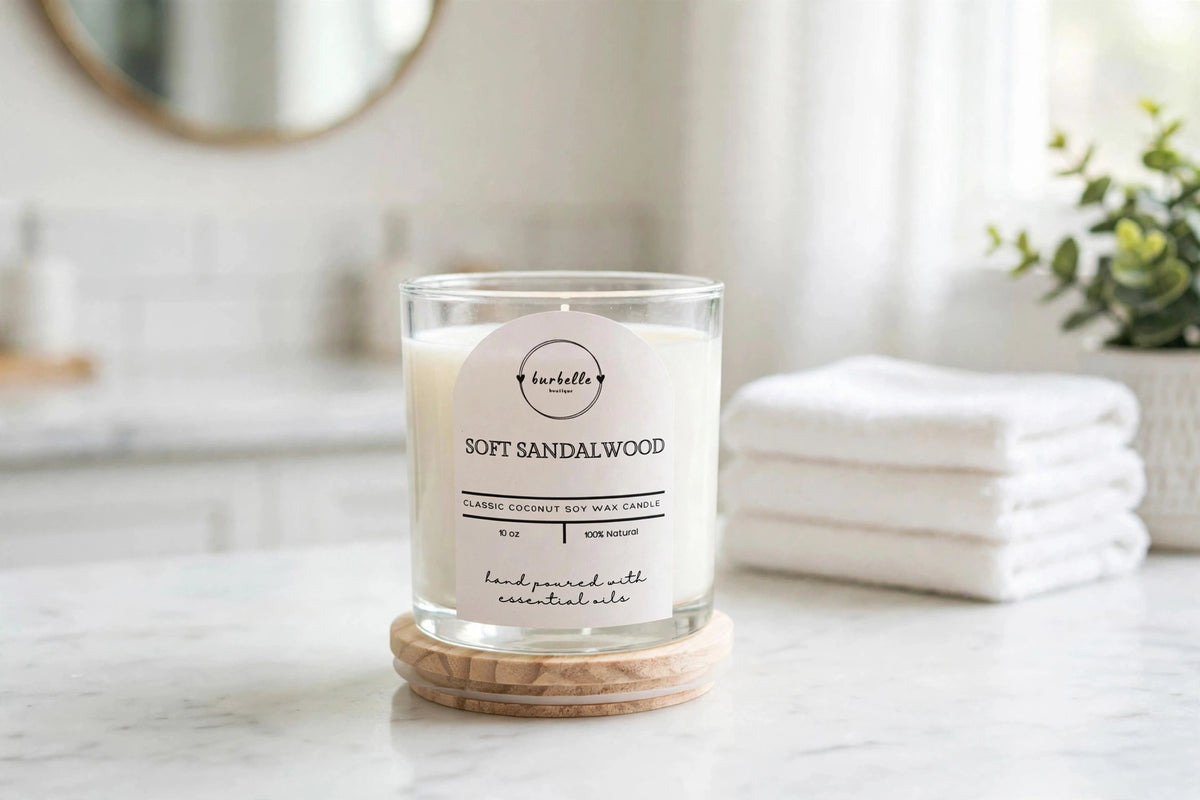 CLASSIC Soft Sandalwood coconut soy wax candle 10 oz clear glass jar sitting on its lid on a bright marble bathroom vanity