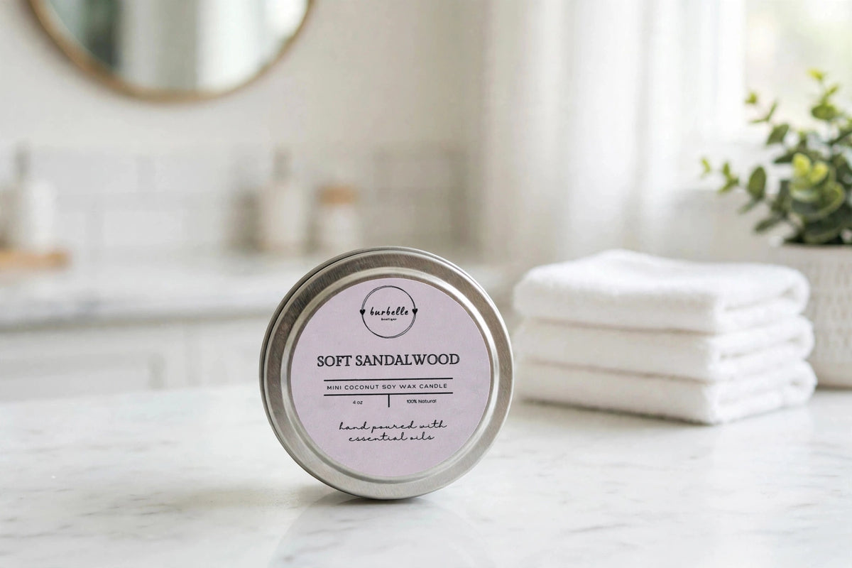 CLASSIC Soft Sandalwood mini coconut soy wax candle 4 oz silver tin with lid on